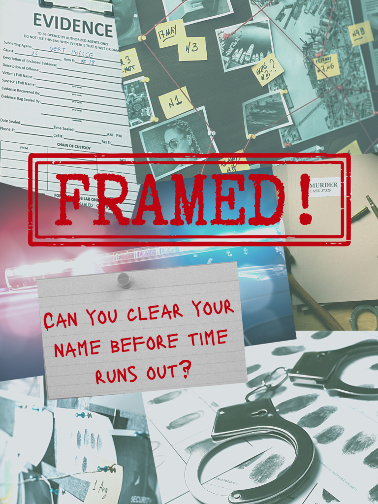 Collage of crime lab photos with text reading "FRAMED! Can you clear your name before time runs out?"